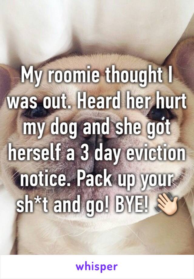 My roomie thought I was out. Heard her hurt my dog and she got herself a 3 day eviction notice. Pack up your sh*t and go! BYE! 👋🏻 