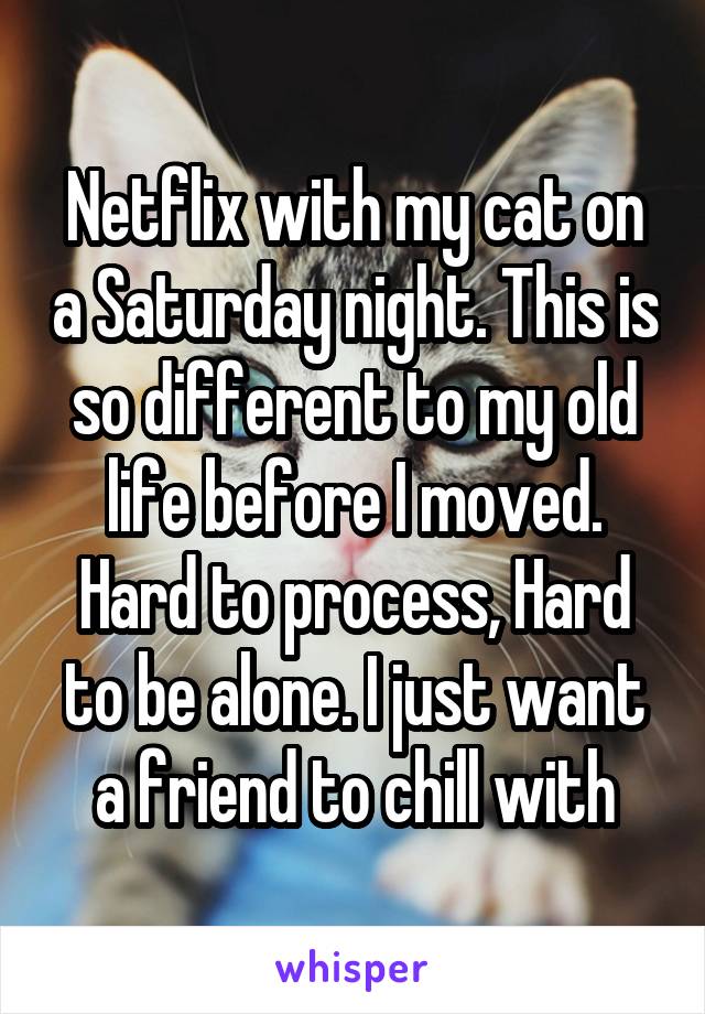 Netflix with my cat on a Saturday night. This is so different to my old life before I moved. Hard to process, Hard to be alone. I just want a friend to chill with