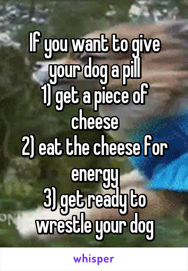 If you want to give your dog a pill
1) get a piece of cheese
2) eat the cheese for energy
3) get ready to wrestle your dog