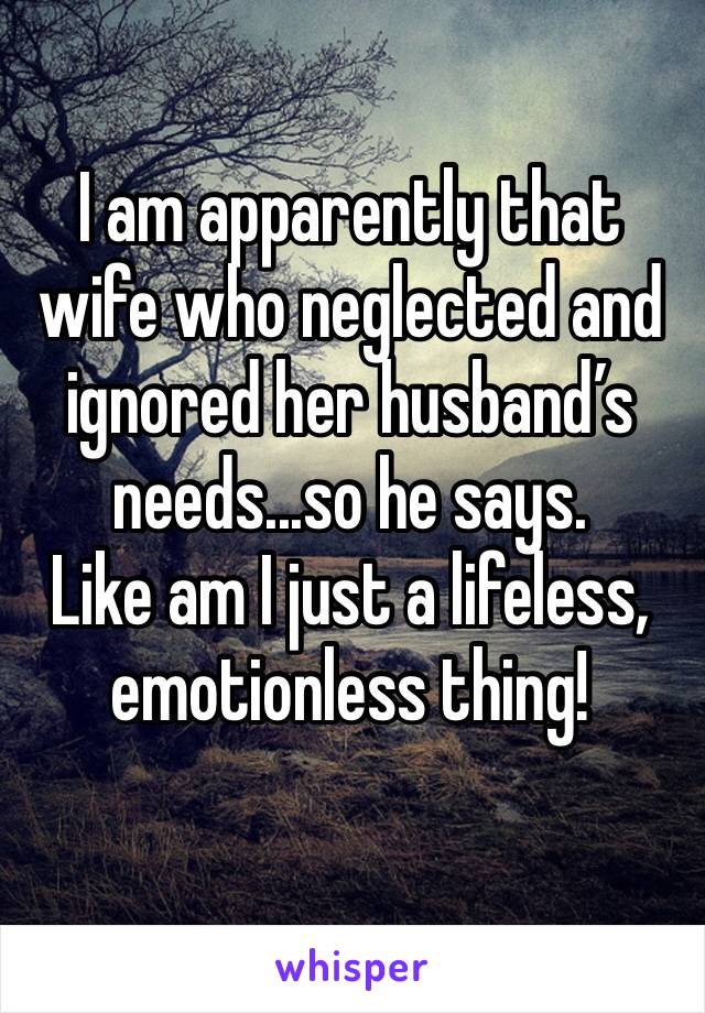 I am apparently that wife who neglected and ignored her husband’s needs...so he says.
Like am I just a lifeless, emotionless thing!
