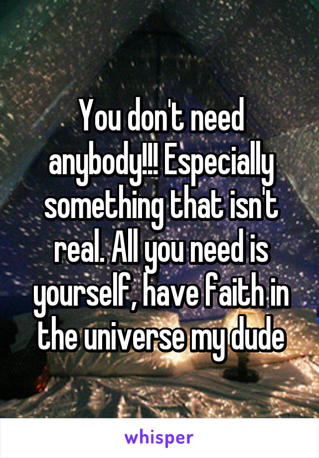 You don't need anybody!!! Especially something that isn't real. All you need is yourself, have faith in the universe my dude