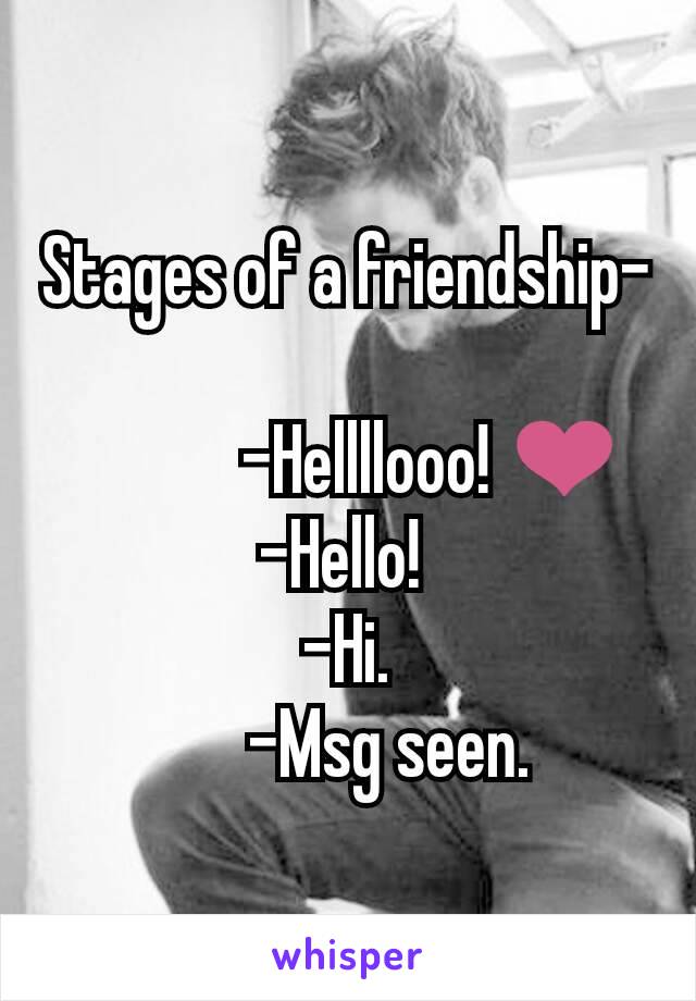 Stages of a friendship-

            -Hellllooo! ❤
              -Hello!               
-Hi.
      -Msg seen.