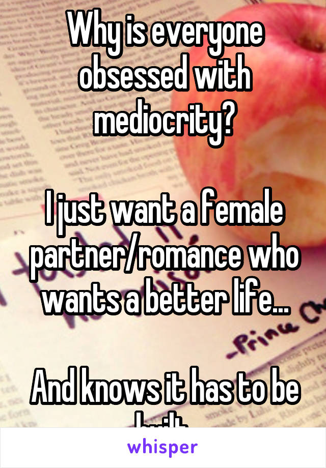 Why is everyone obsessed with mediocrity?

I just want a female partner/romance who wants a better life...

And knows it has to be built.