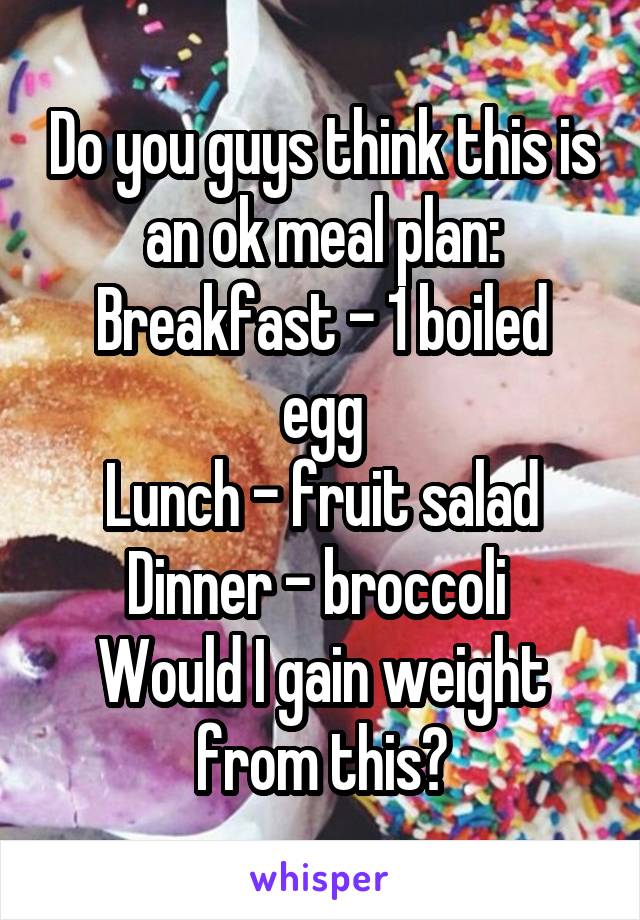 Do you guys think this is an ok meal plan:
Breakfast - 1 boiled egg
Lunch - fruit salad
Dinner - broccoli 
Would I gain weight from this?