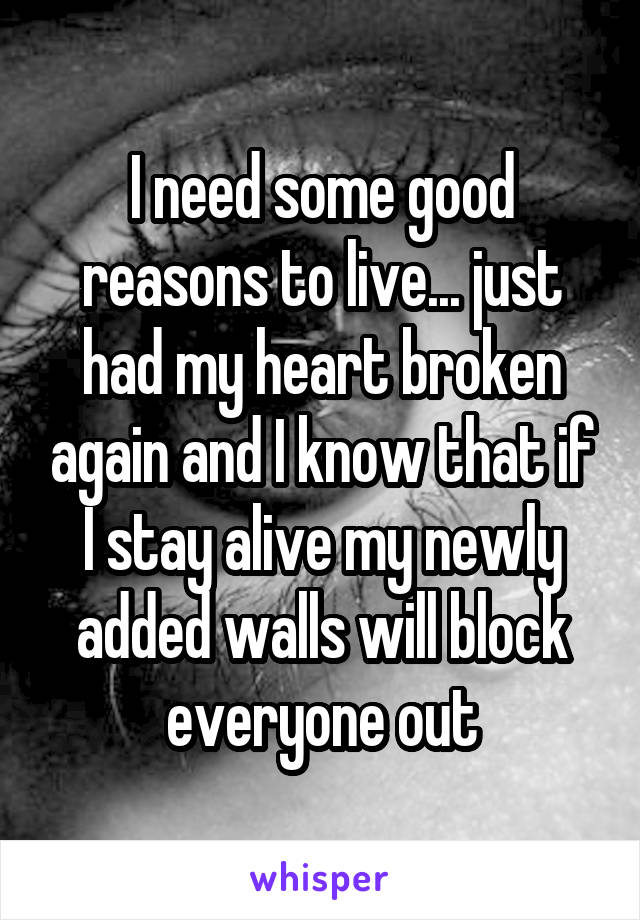 I need some good reasons to live... just had my heart broken again and I know that if I stay alive my newly added walls will block everyone out