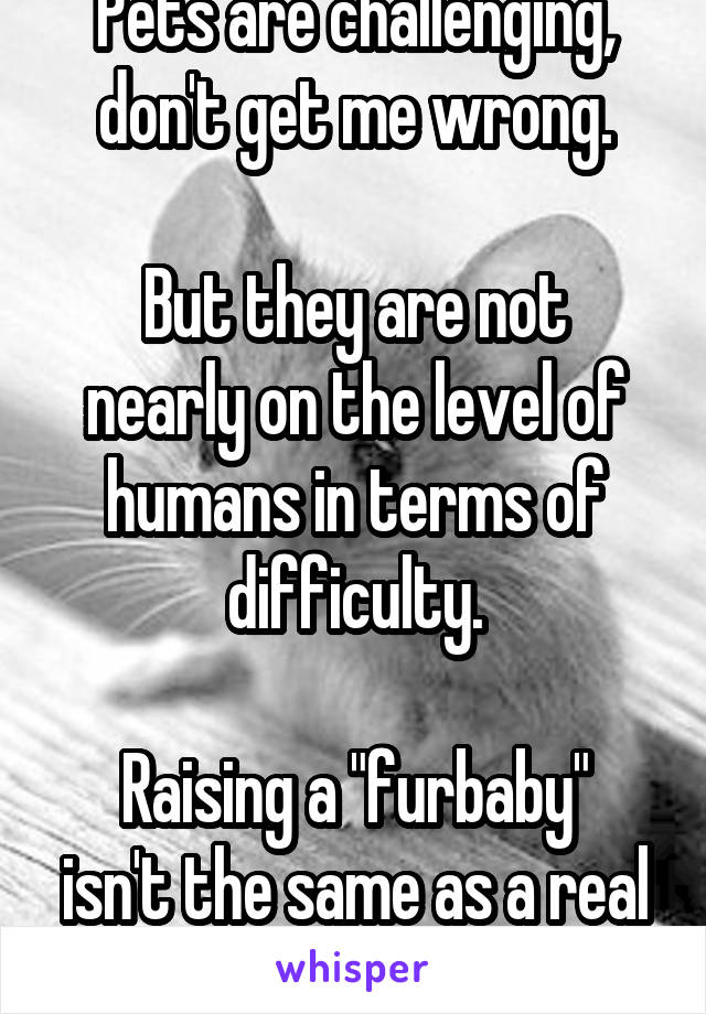 Pets are challenging, don't get me wrong.

But they are not nearly on the level of humans in terms of difficulty.

Raising a "furbaby" isn't the same as a real baby