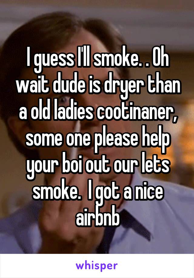 I guess I'll smoke. . Oh wait dude is dryer than a old ladies cootinaner, some one please help your boi out our lets smoke.  I got a nice airbnb