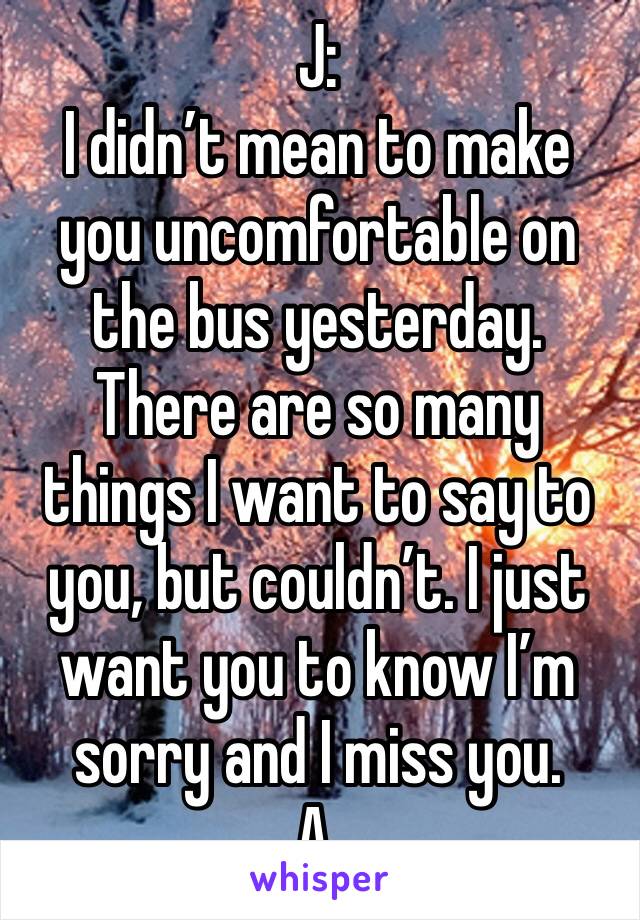 J:
I didn’t mean to make you uncomfortable on the bus yesterday. There are so many things I want to say to you, but couldn’t. I just want you to know I’m sorry and I miss you. 
A.