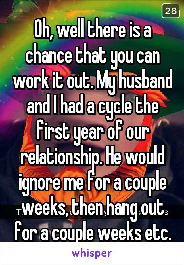 Oh, well there is a chance that you can work it out. My husband and I had a cycle the first year of our relationship. He would ignore me for a couple weeks, then hang out for a couple weeks etc.