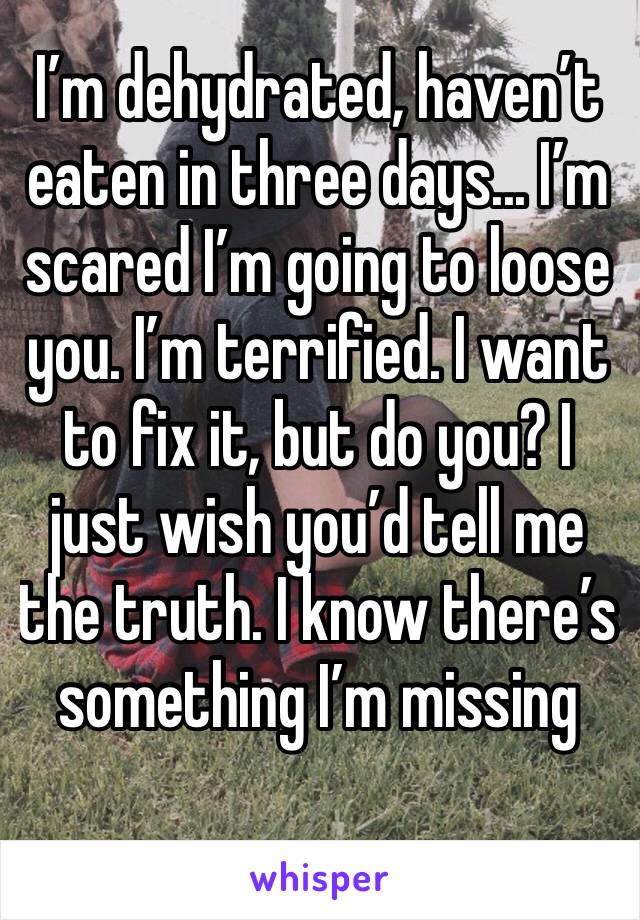 I’m dehydrated, haven’t eaten in three days... I’m scared I’m going to loose you. I’m terrified. I want to fix it, but do you? I just wish you’d tell me the truth. I know there’s something I’m missing