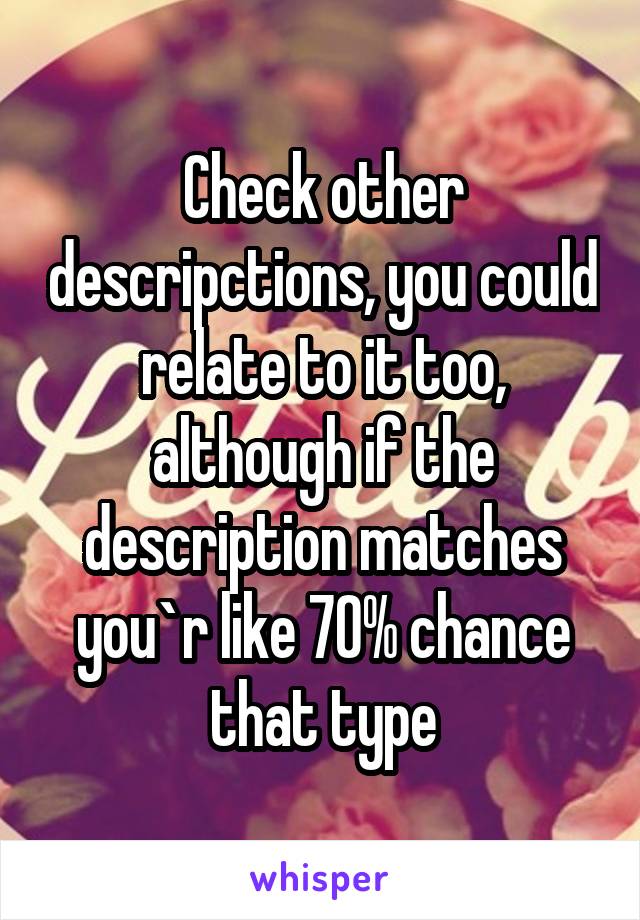 Check other descripctions, you could relate to it too, although if the description matches you`r like 70% chance that type