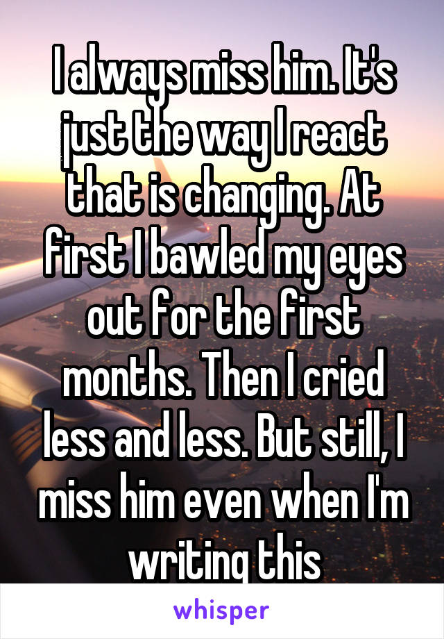 I always miss him. It's just the way I react that is changing. At first I bawled my eyes out for the first months. Then I cried less and less. But still, I miss him even when I'm writing this