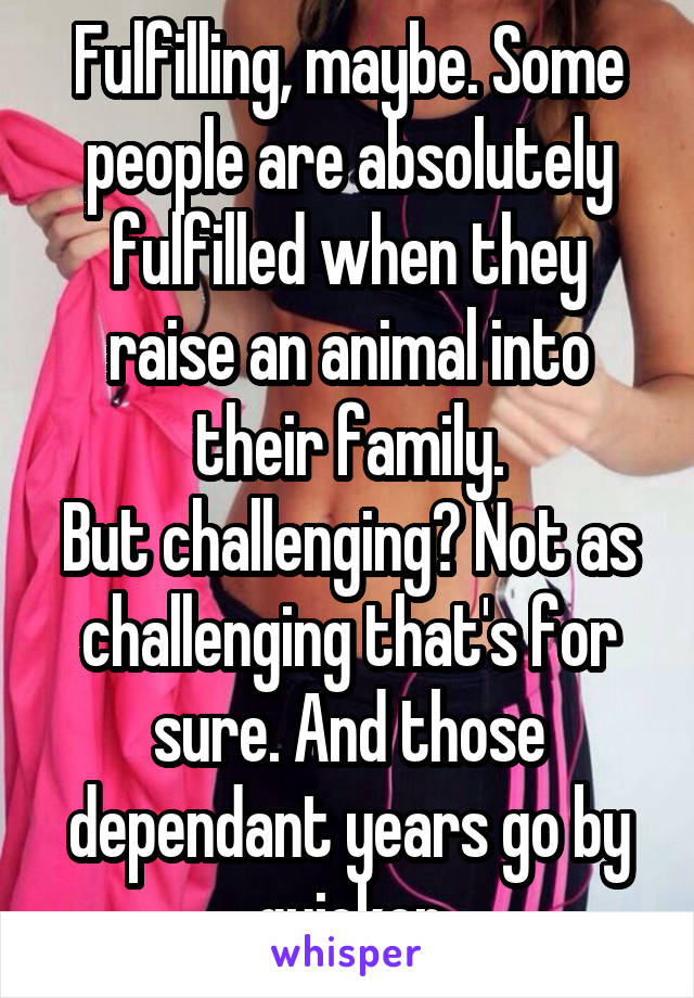 Fulfilling, maybe. Some people are absolutely fulfilled when they raise an animal into their family.
But challenging? Not as challenging that's for sure. And those dependant years go by quicker