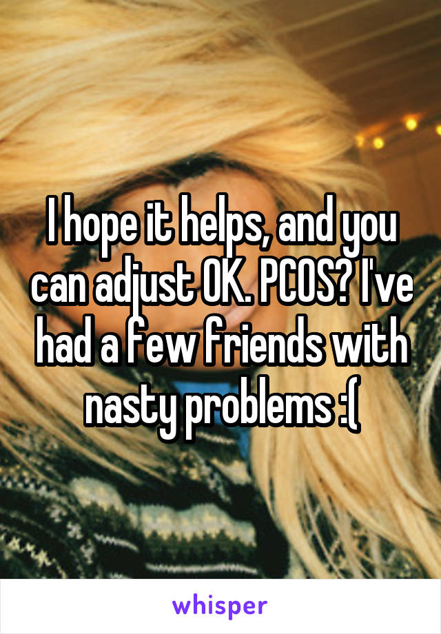I hope it helps, and you can adjust OK. PCOS? I've had a few friends with nasty problems :(