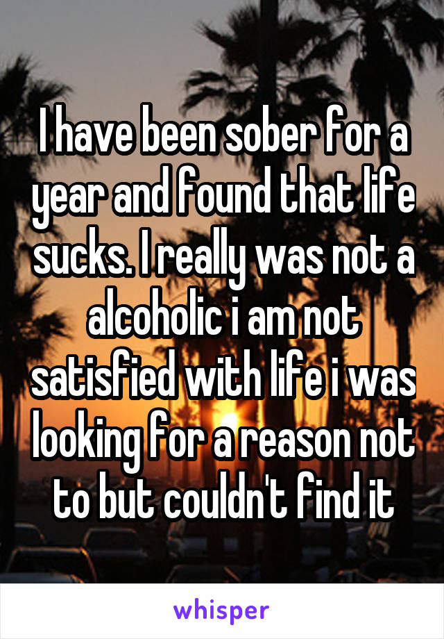 I have been sober for a year and found that life sucks. I really was not a alcoholic i am not satisfied with life i was looking for a reason not to but couldn't find it