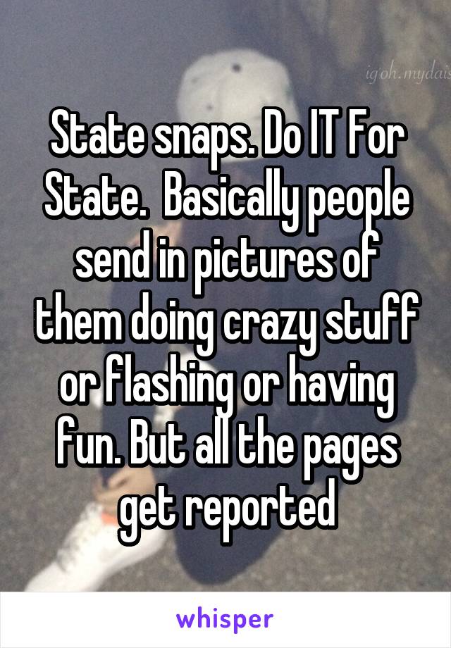 State snaps. Do IT For State.  Basically people send in pictures of them doing crazy stuff or flashing or having fun. But all the pages get reported