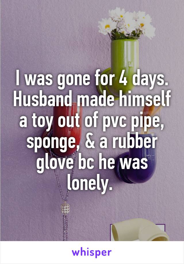 I was gone for 4 days. Husband made himself a toy out of pvc pipe, sponge, & a rubber glove bc he was lonely. 