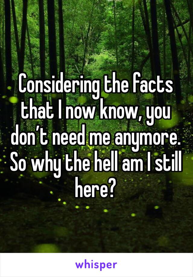 Considering the facts that I now know, you don’t need me anymore. So why the hell am I still here?