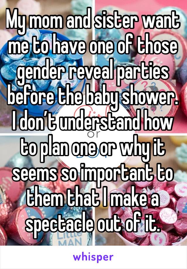 My mom and sister want me to have one of those gender reveal parties before the baby shower. I don’t understand how to plan one or why it seems so important to them that I make a spectacle out of it. 