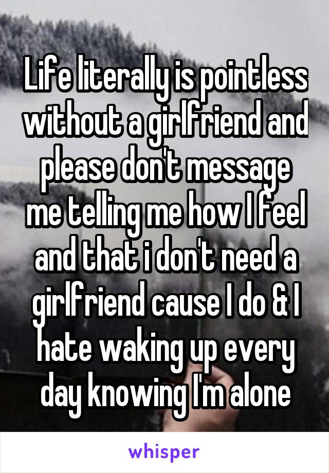 Life literally is pointless without a girlfriend and please don't message me telling me how I feel and that i don't need a girlfriend cause I do & I hate waking up every day knowing I'm alone