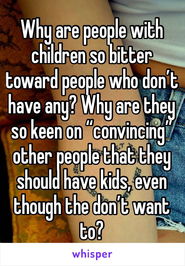 Why are people with children so bitter toward people who don’t have any? Why are they so keen on “convincing” other people that they should have kids, even though the don’t want to? 