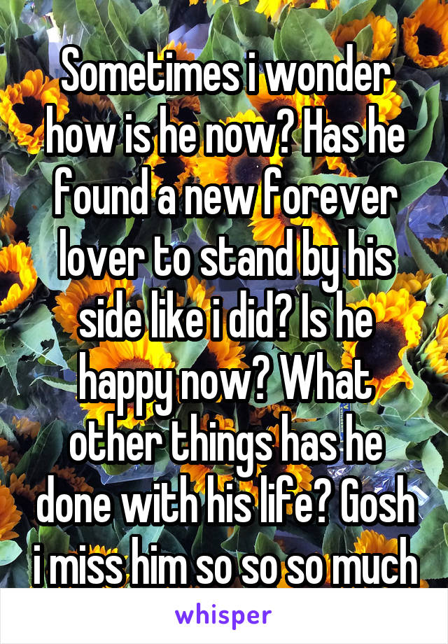 Sometimes i wonder how is he now? Has he found a new forever lover to stand by his side like i did? Is he happy now? What other things has he done with his life? Gosh i miss him so so so much