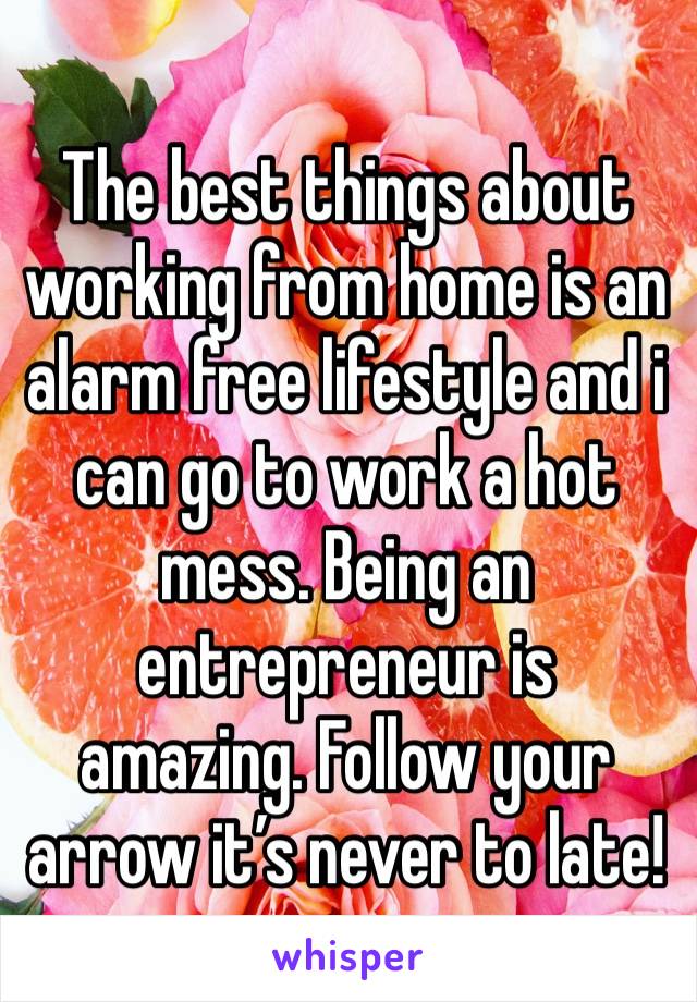 The best things about working from home is an alarm free lifestyle and i can go to work a hot mess. Being an entrepreneur is amazing. Follow your arrow it’s never to late!