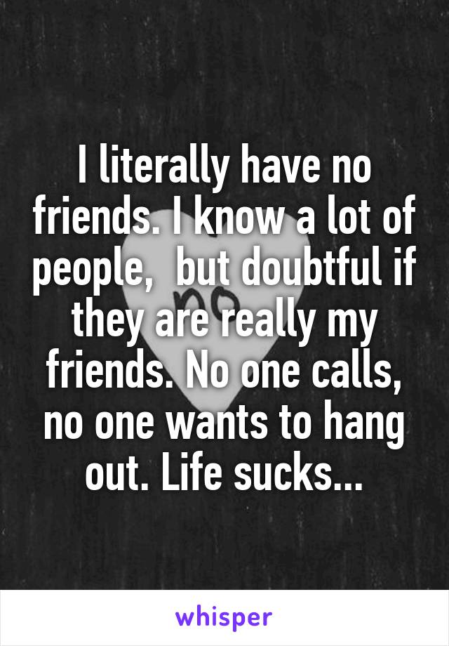 I literally have no friends. I know a lot of people,  but doubtful if they are really my friends. No one calls, no one wants to hang out. Life sucks...