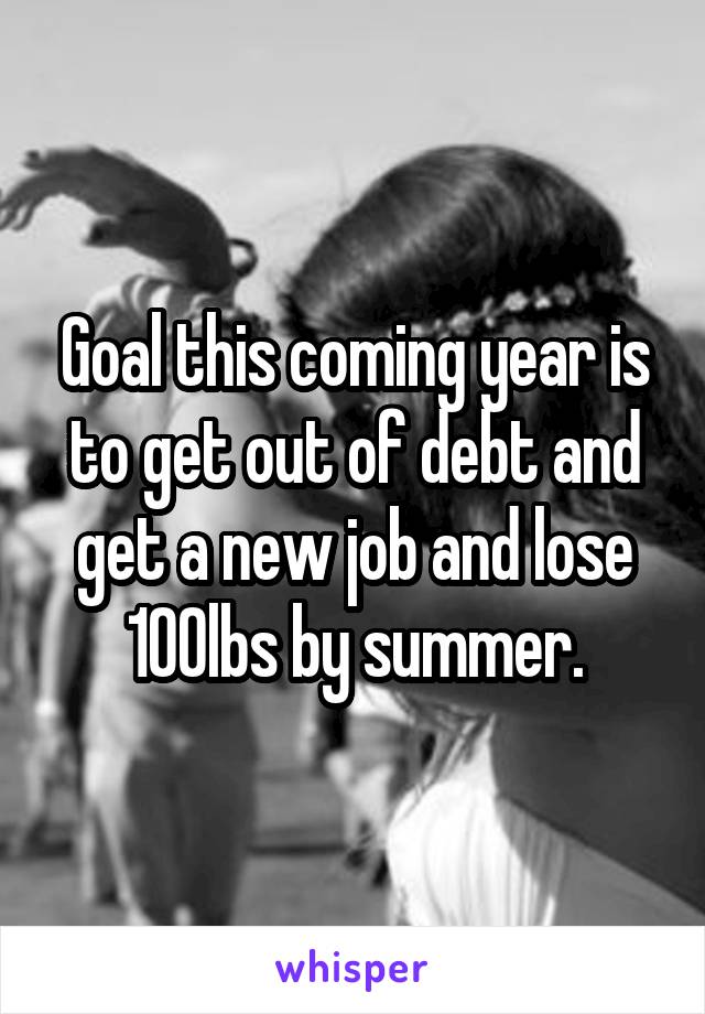 Goal this coming year is to get out of debt and get a new job and lose 100lbs by summer.