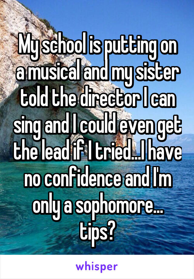 My school is putting on a musical and my sister told the director I can sing and I could even get the lead if I tried...I have no confidence and I'm only a sophomore... tips?