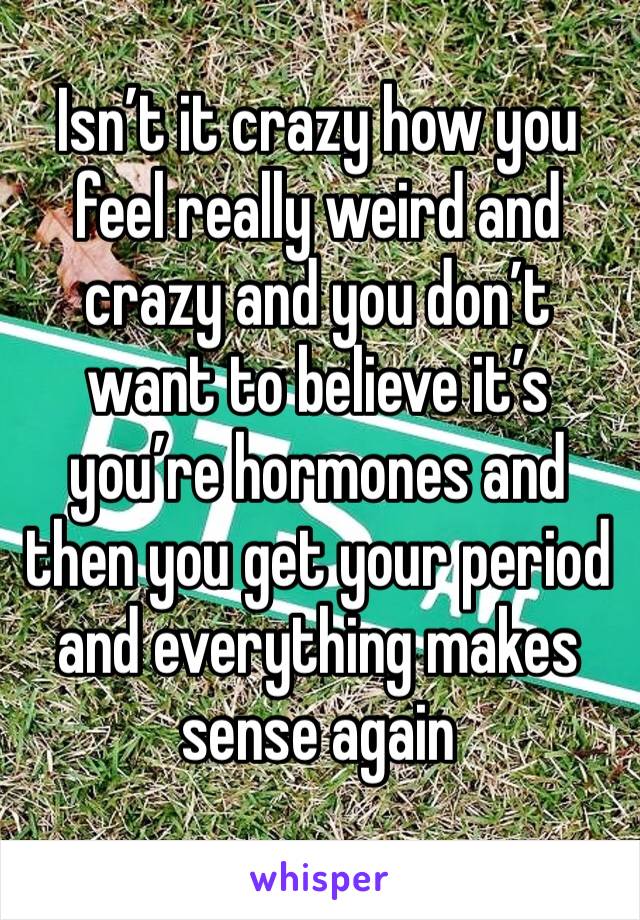 Isn’t it crazy how you feel really weird and crazy and you don’t want to believe it’s you’re hormones and then you get your period and everything makes sense again 