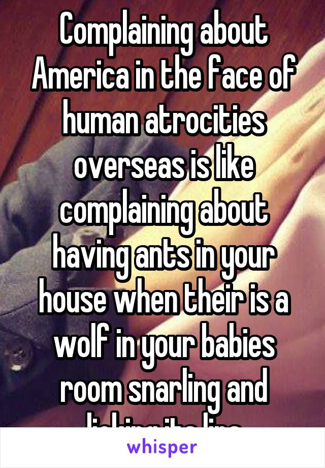 Complaining about America in the face of human atrocities overseas is like complaining about having ants in your house when their is a wolf in your babies room snarling and licking its lips