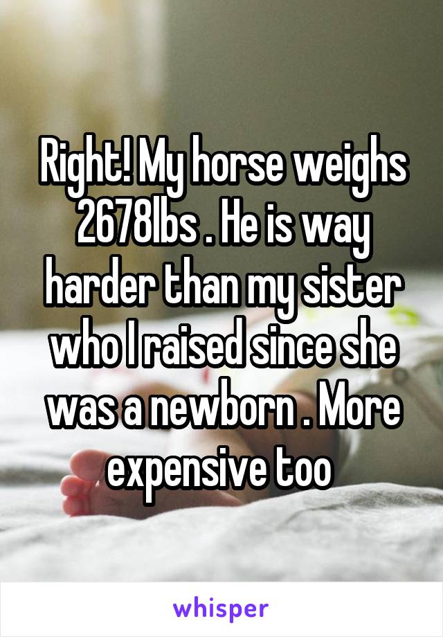 Right! My horse weighs 2678lbs . He is way harder than my sister who I raised since she was a newborn . More expensive too 