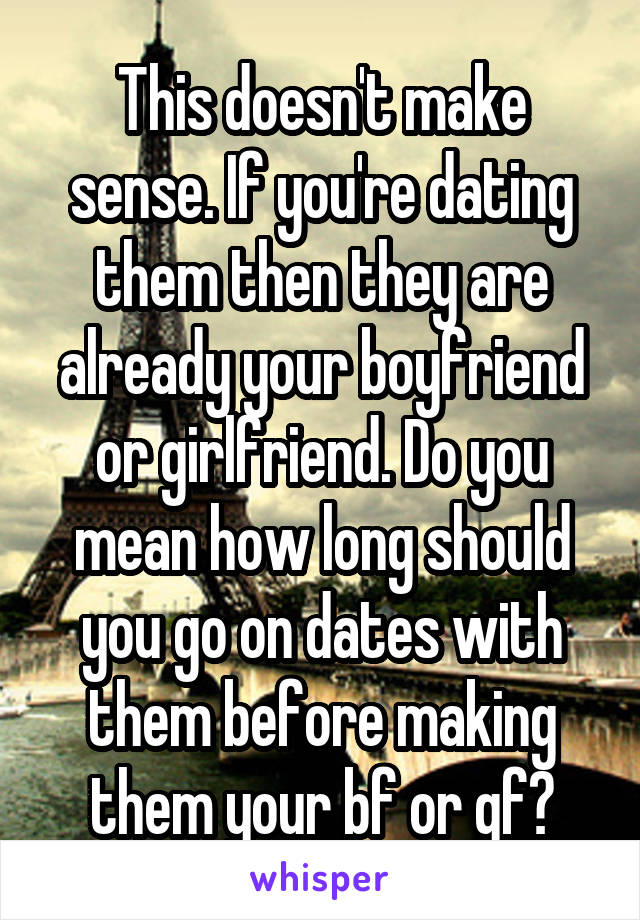 This doesn't make sense. If you're dating them then they are already your boyfriend or girlfriend. Do you mean how long should you go on dates with them before making them your bf or gf?