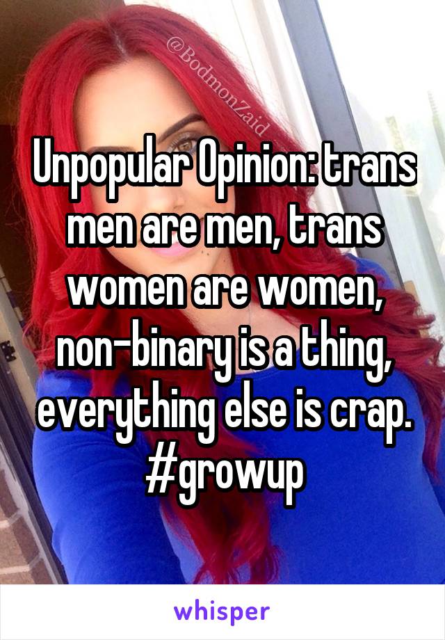 Unpopular Opinion: trans men are men, trans women are women, non-binary is a thing, everything else is crap. #growup