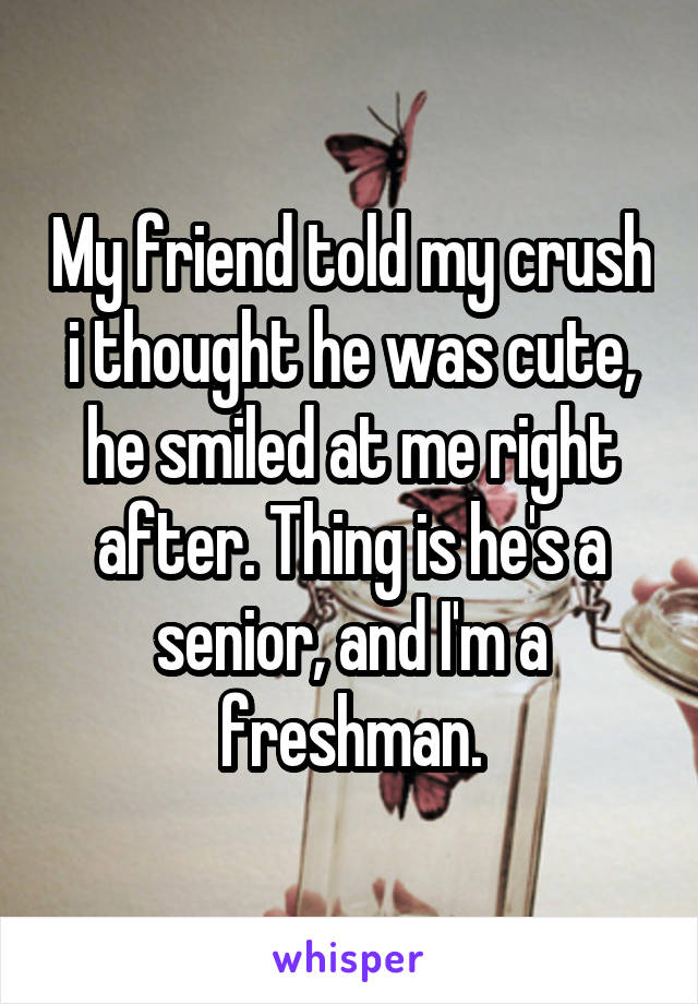 My friend told my crush i thought he was cute, he smiled at me right after. Thing is he's a senior, and I'm a freshman.