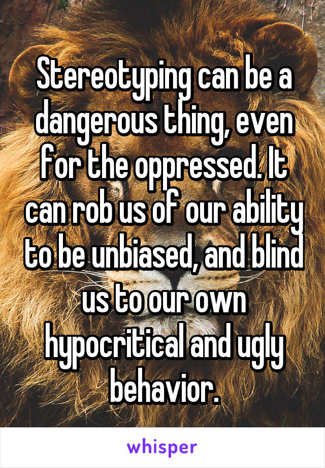 Stereotyping can be a dangerous thing, even for the oppressed. It can rob us of our ability to be unbiased, and blind us to our own hypocritical and ugly behavior.