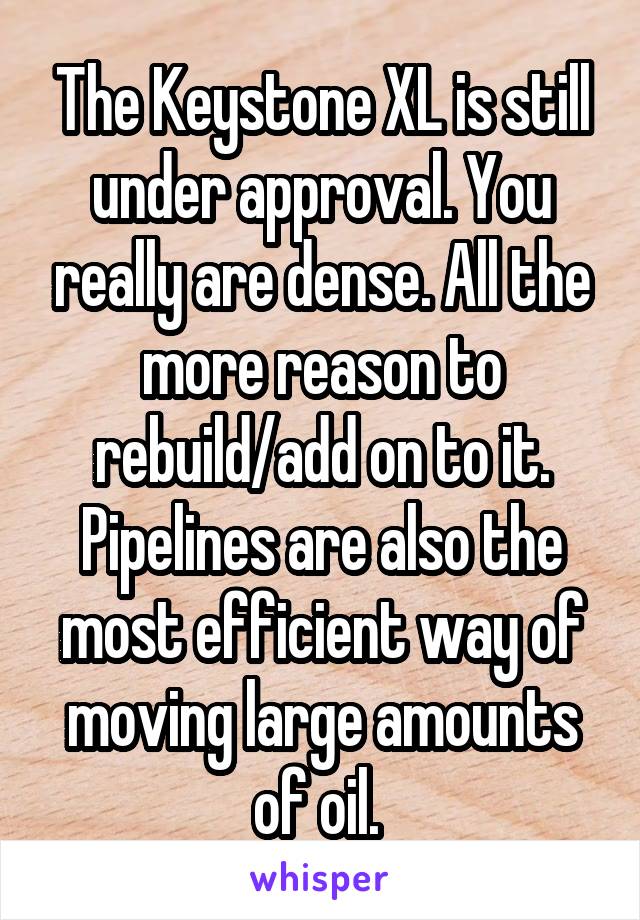 The Keystone XL is still under approval. You really are dense. All the more reason to rebuild/add on to it. Pipelines are also the most efficient way of moving large amounts of oil. 