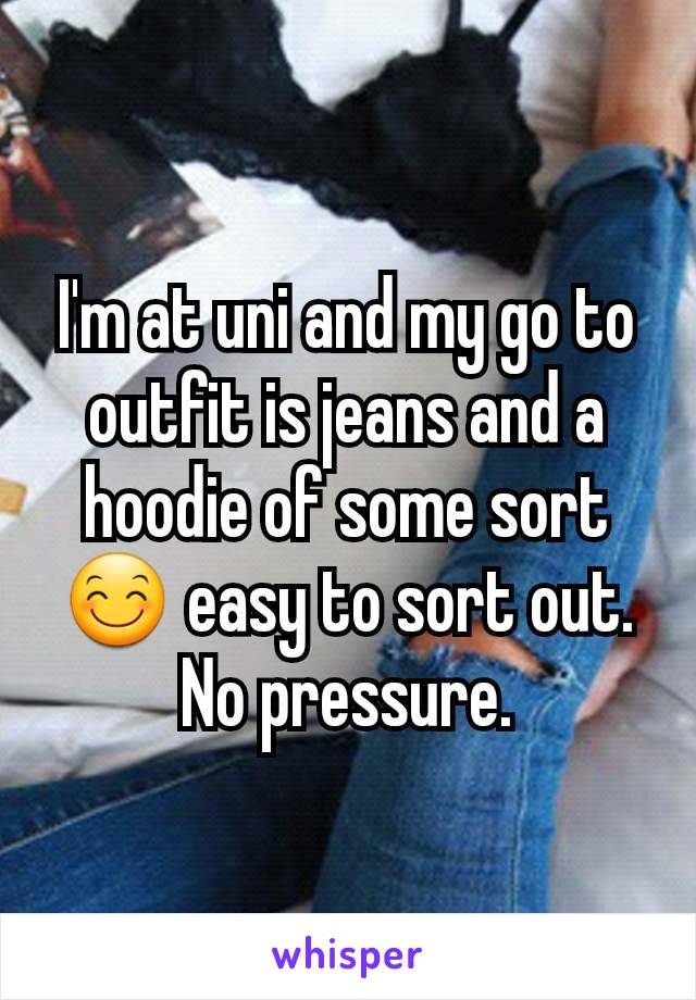 I'm at uni and my go to outfit is jeans and a hoodie of some sort 😊 easy to sort out. No pressure.