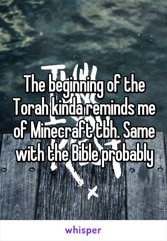 The beginning of the Torah kinda reminds me of Minecraft tbh. Same with the Bible probably