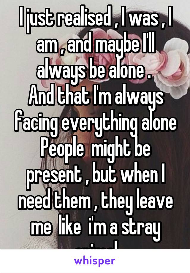 I just realised , I was , I am , and maybe I'll always be alone . 
And that I'm always facing everything alone
People  might be present , but when I need them , they leave me  like  i'm a stray animal