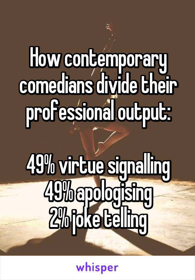 How contemporary comedians divide their professional output:

49% virtue signalling
49% apologising
2% joke telling