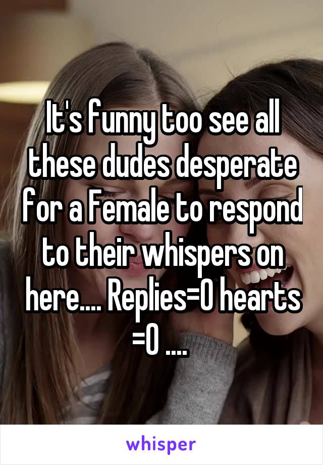 It's funny too see all these dudes desperate for a Female to respond to their whispers on here.... Replies=0 hearts =0 .... 