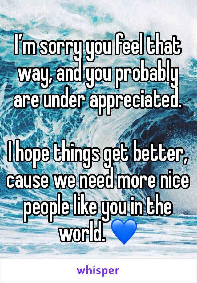 I’m sorry you feel that way, and you probably are under appreciated.

I hope things get better, cause we need more nice people like you in the world. 💙