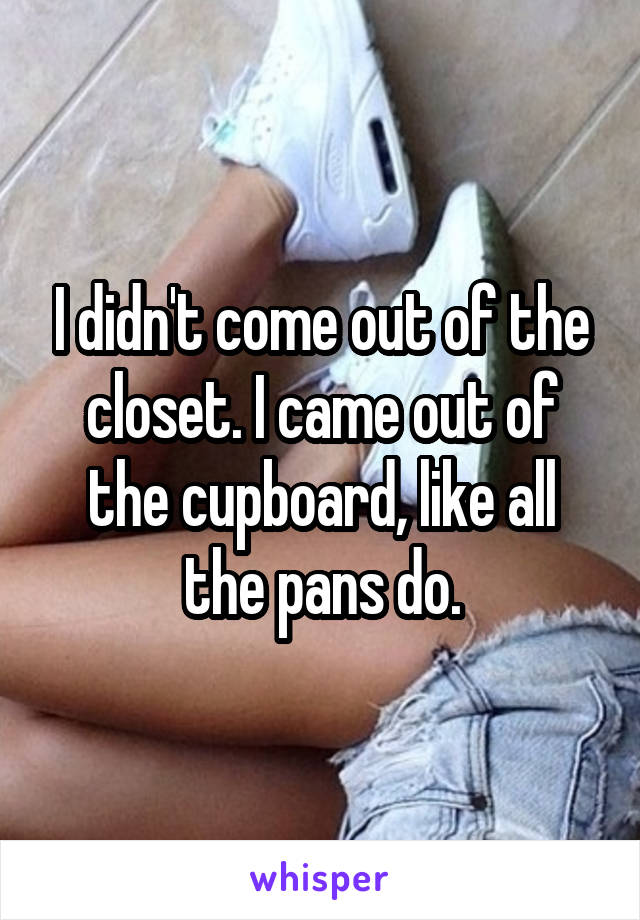 I didn't come out of the closet. I came out of the cupboard, like all the pans do.