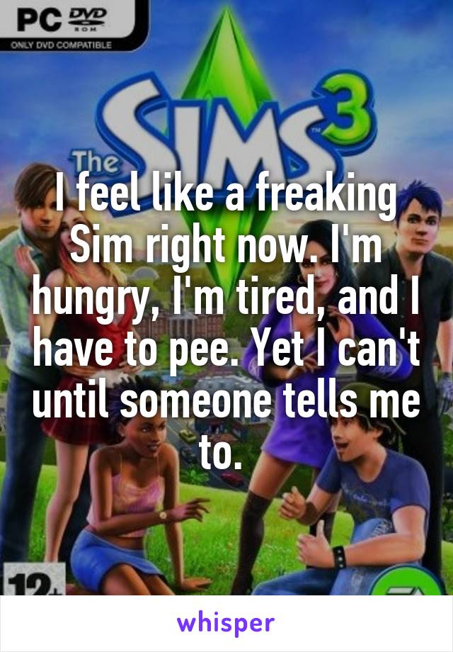 I feel like a freaking Sim right now. I'm hungry, I'm tired, and I have to pee. Yet I can't until someone tells me to. 