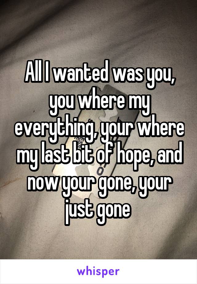 All I wanted was you, you where my everything, your where my last bit of hope, and now your gone, your just gone 