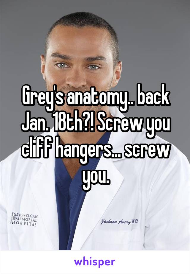 Grey's anatomy.. back Jan. 18th?! Screw you cliff hangers... screw you.
