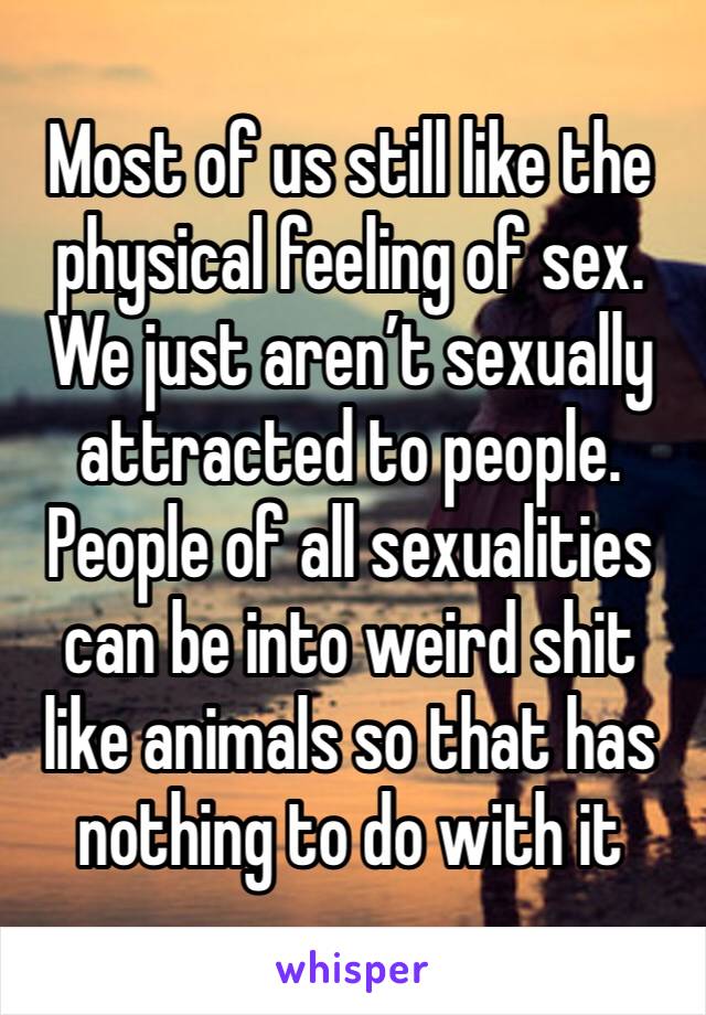 Most of us still like the physical feeling of sex. We just aren’t sexually attracted to people. People of all sexualities can be into weird shit like animals so that has nothing to do with it