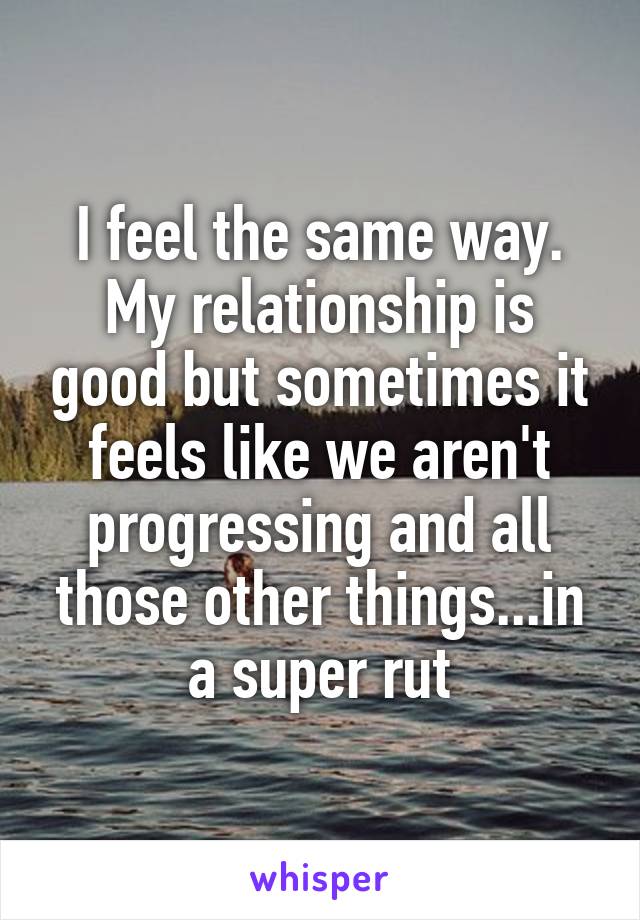 I feel the same way. My relationship is good but sometimes it feels like we aren't progressing and all those other things...in a super rut